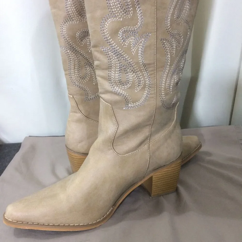 NEW Tan Cowboy Western Boots Embroidered Pointed Toe Faux Leather Size 8 - Picture 5 of 7